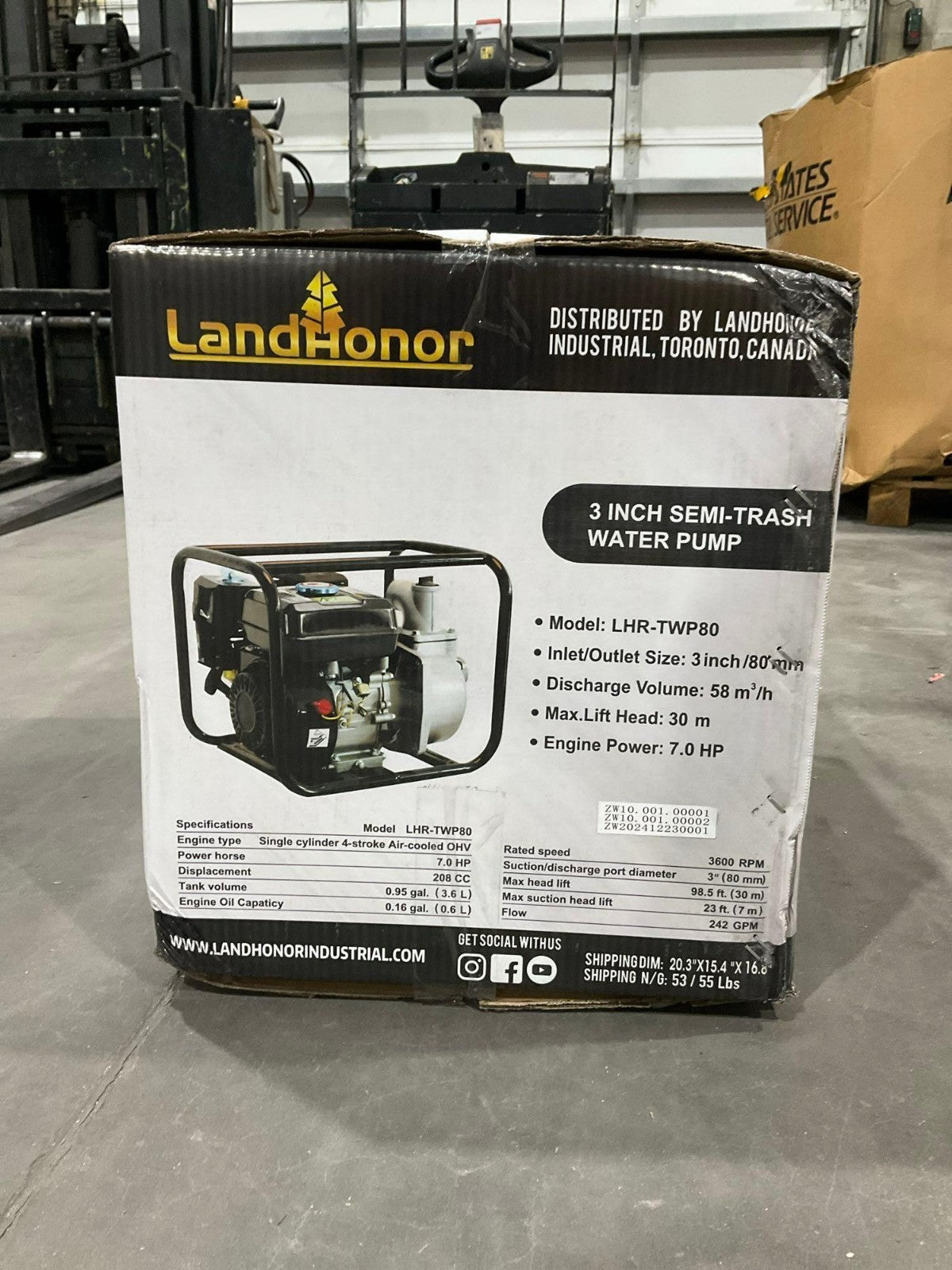UNUSED LANDHONOR 3IN SEMI-TRASH WATER PUMP MODEL LHR-TWP80, GAS POWERED, 7.0 HP