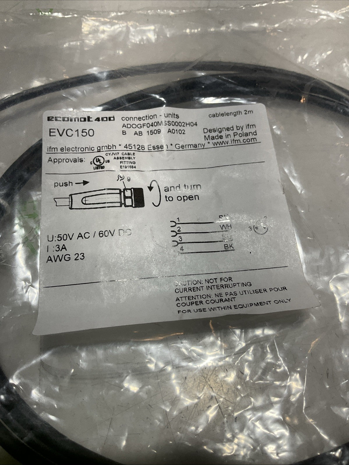 IFM ELECTRONIC  EVC150 FEMALE  CORDSET WIRE  U.50V AC/60VDC  Z2M