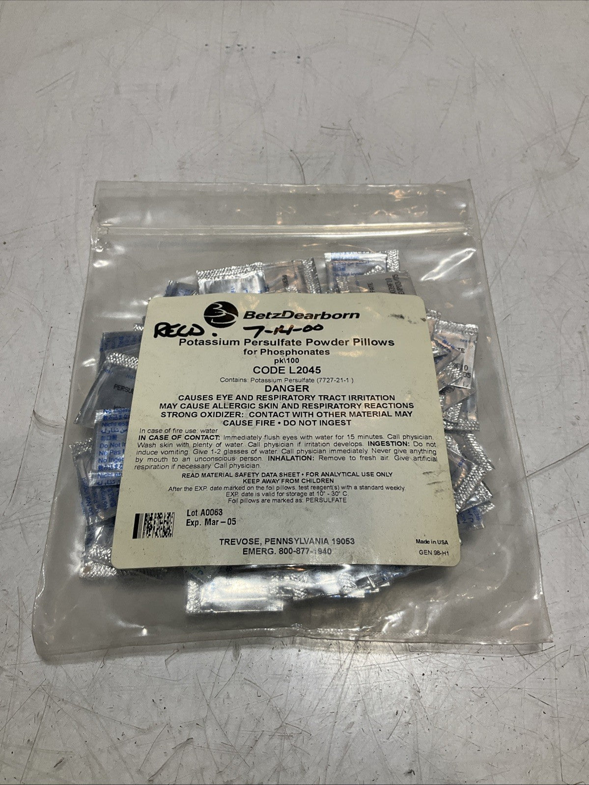 BETZDEARBORN  L2045  POTASSIUM PERSULFATE PILLOWS-PHOSPHATES LOT OF 2 Y2M