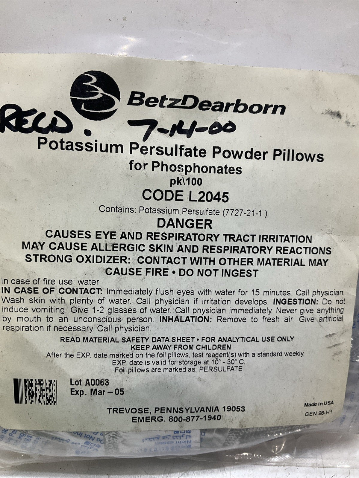 BETZDEARBORN  L2045  POTASSIUM PERSULFATE PILLOWS-PHOSPHATES LOT OF 2 Y2M