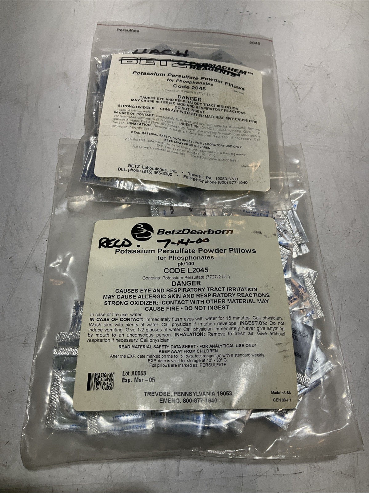 BETZDEARBORN  L2045  POTASSIUM PERSULFATE PILLOWS-PHOSPHATES LOT OF 2 Y2M