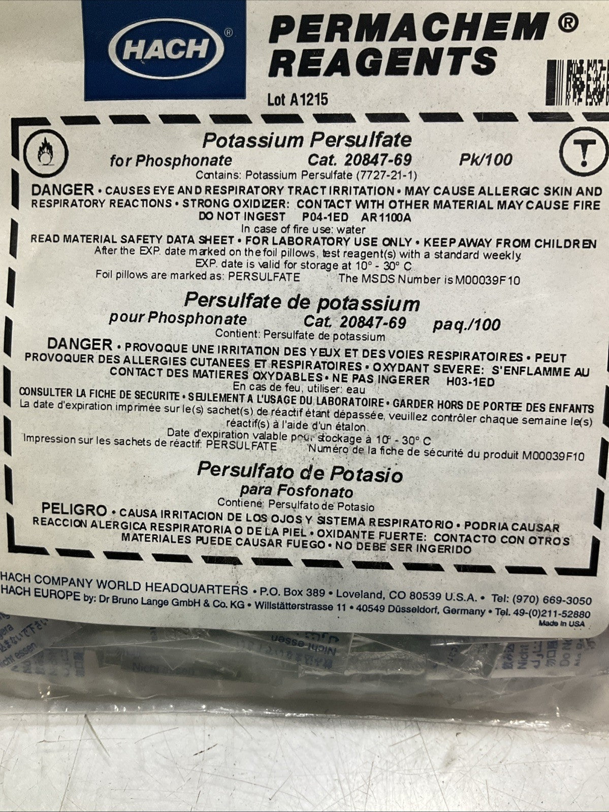 HACH  20847-69  POTASSIUM PERSULFATE PERMACHEM REAGENTS LOT OF  3 Y2M