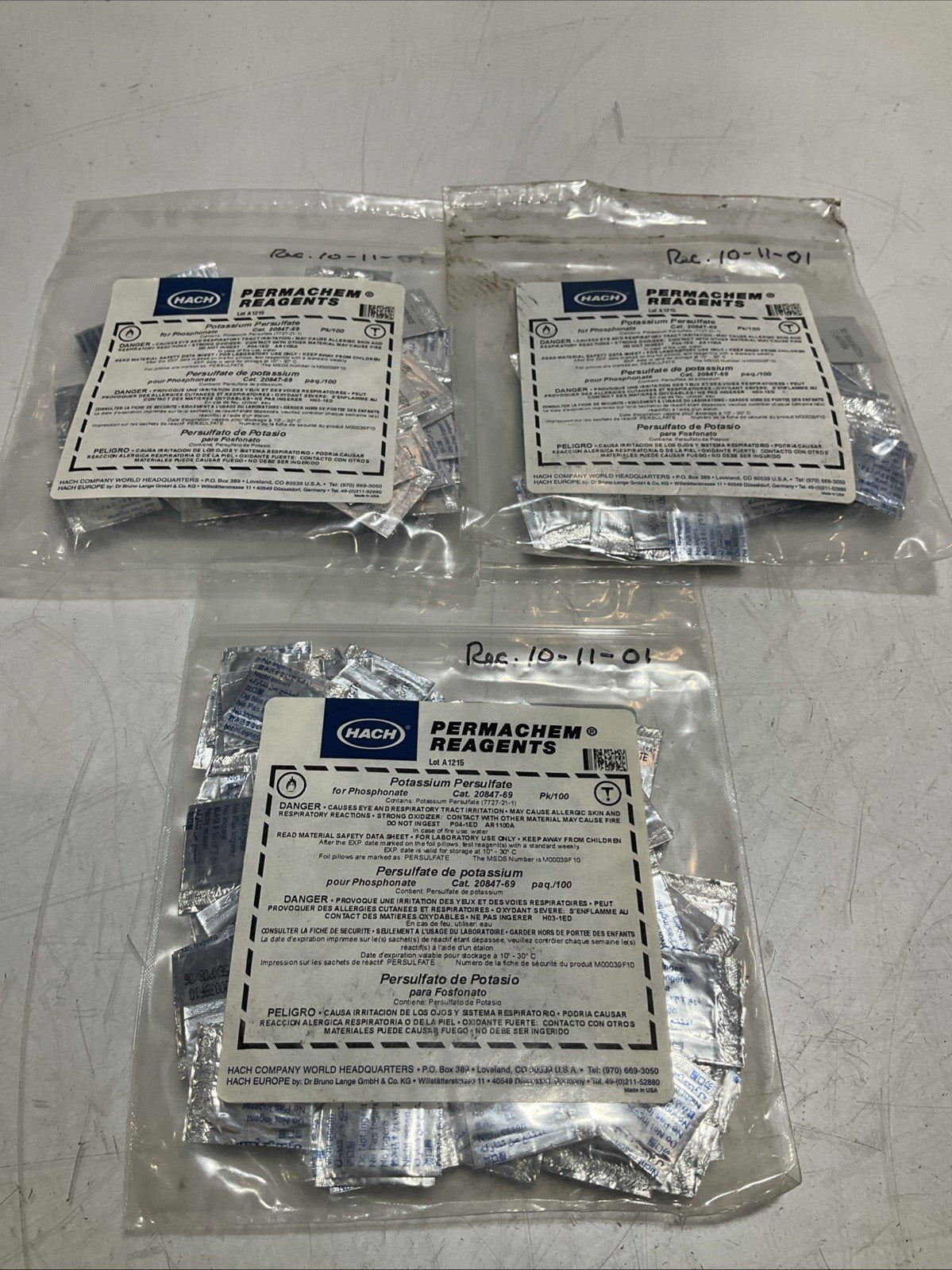 HACH  20847-69  POTASSIUM PERSULFATE PERMACHEM REAGENTS LOT OF  3 Y2M