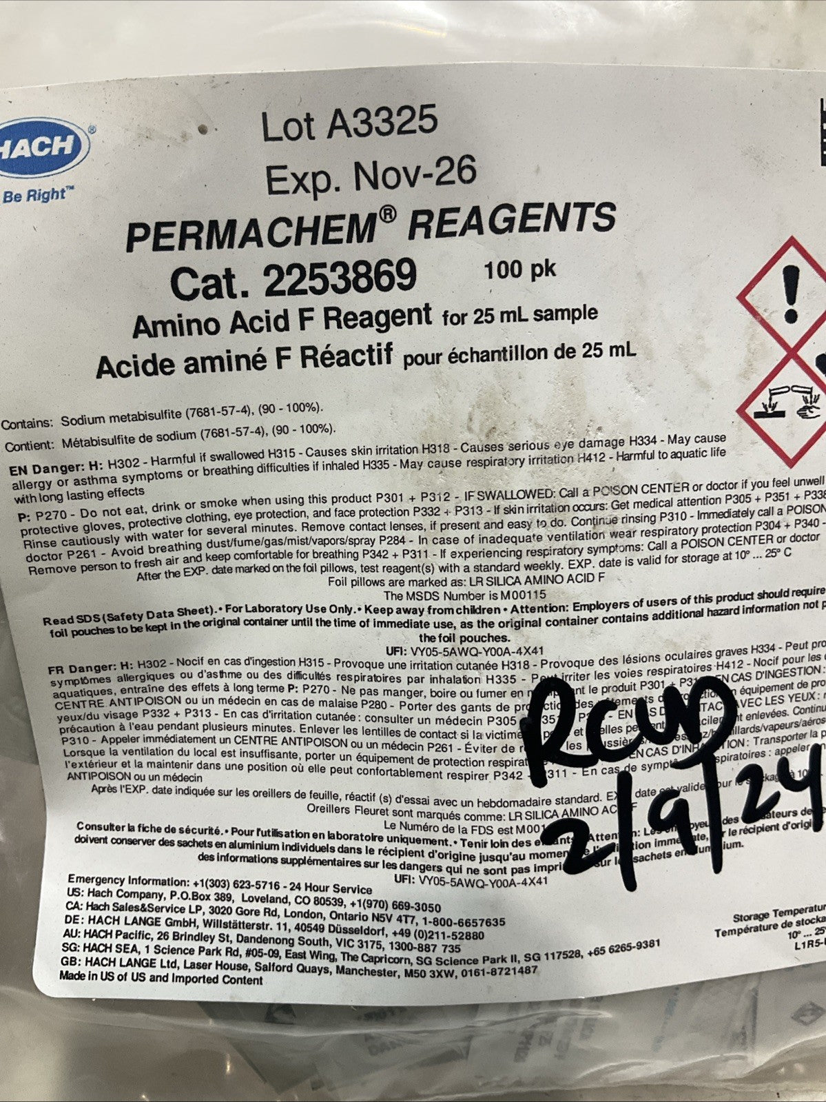 HACH  2253869  DEHA PERMACHEM FERROUS IRON  REAGENTS  Y2M