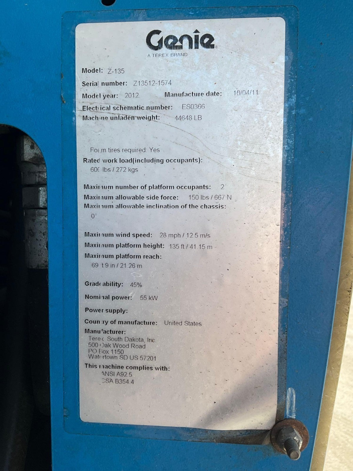 2012 GENIE Z-135  ARTICULATING BOOM LIFT, DIESEL POWERED