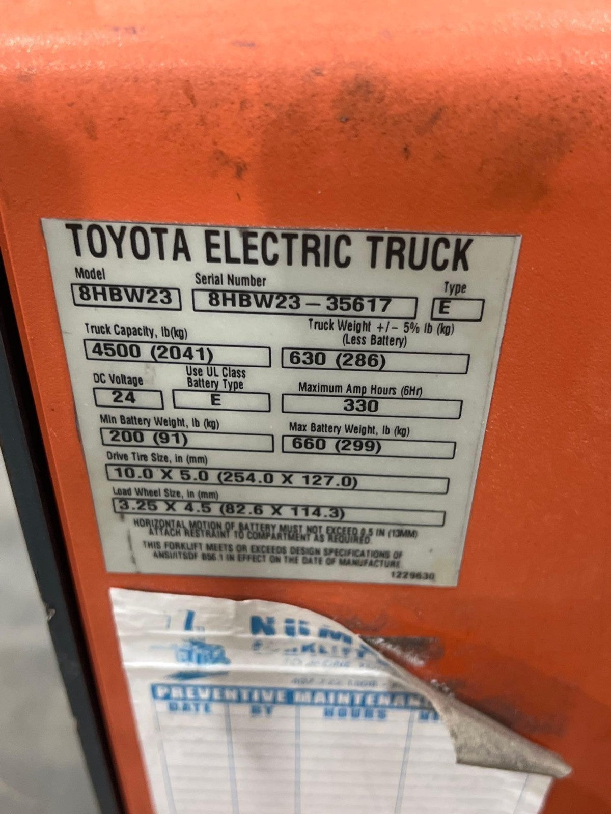 2019 TOYOTA PALLET JACK MODEL 8HBW23, ELECTRIC, 24V, MAX CAPACITY 4500LBS