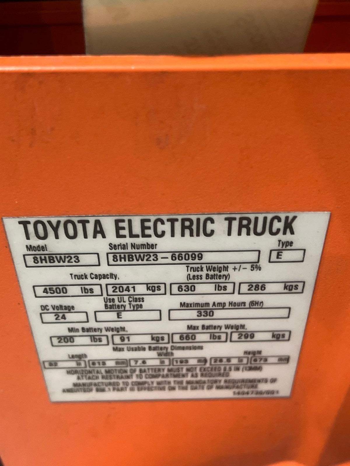 2023 TOYOTA PALLET JACK MODEL 8HBW23, ELECTRIC, 24V, MAX CAPACITY 4500LBS
