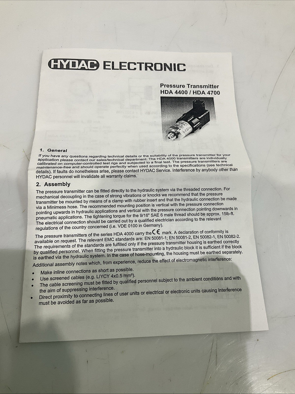 HYDAC  907196 4775-B-3000-000 PRESSURE TRANSMITTER HDA4400/ HDA4700  Z2M