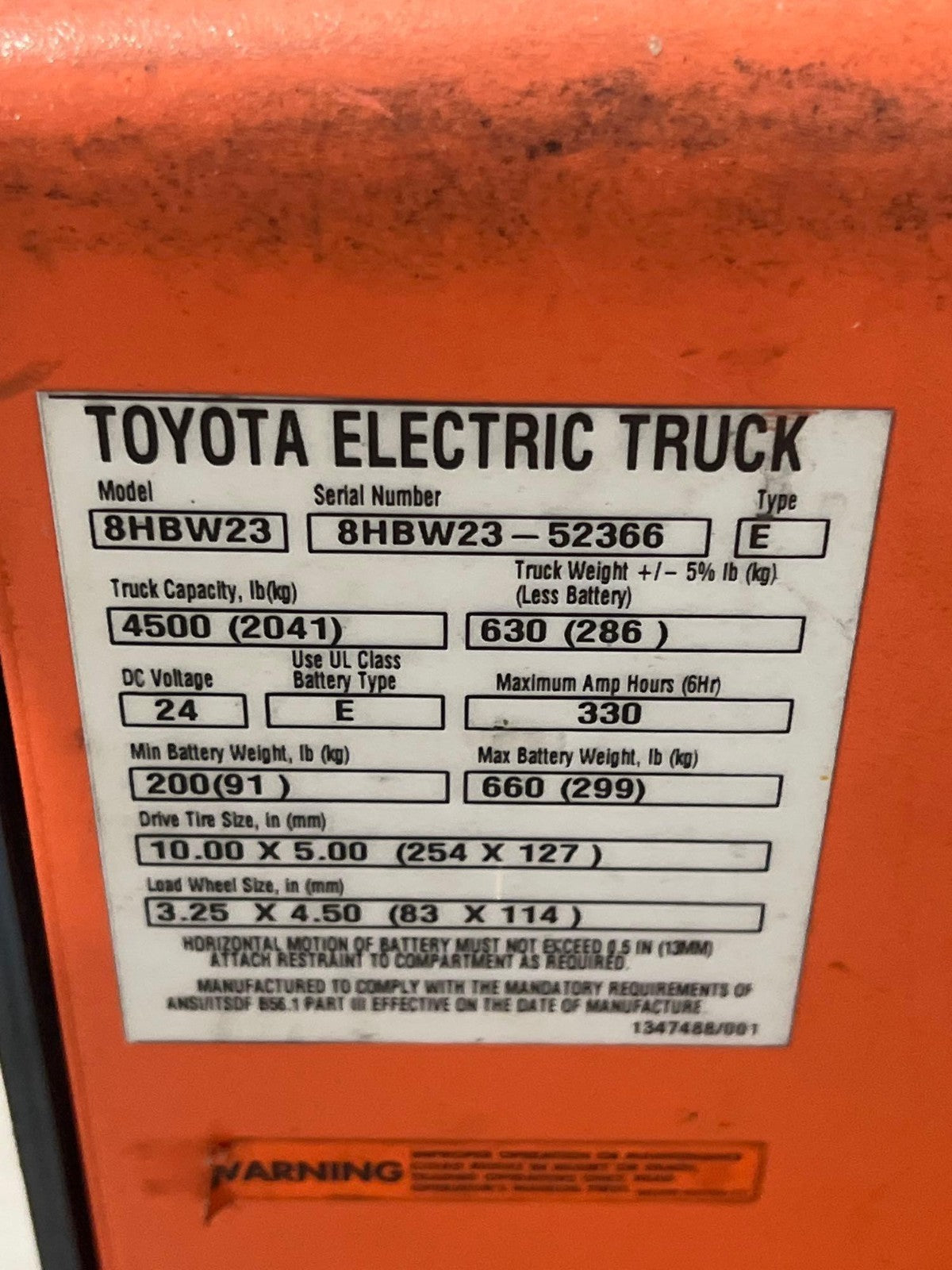 2021 TOYOTA PALLET JACK MODEL 8HBW23, ELECTRIC, 24V, MAX CAPACITY 4500LBS