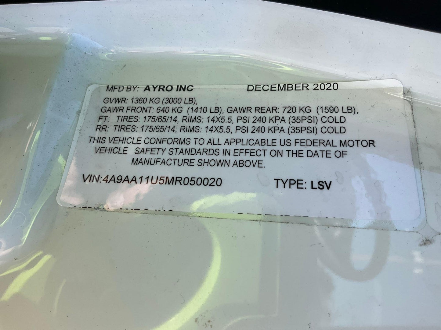 2020 CLUB CAR / AYRO INC URBAN ELECTRIC UTILITY LSV