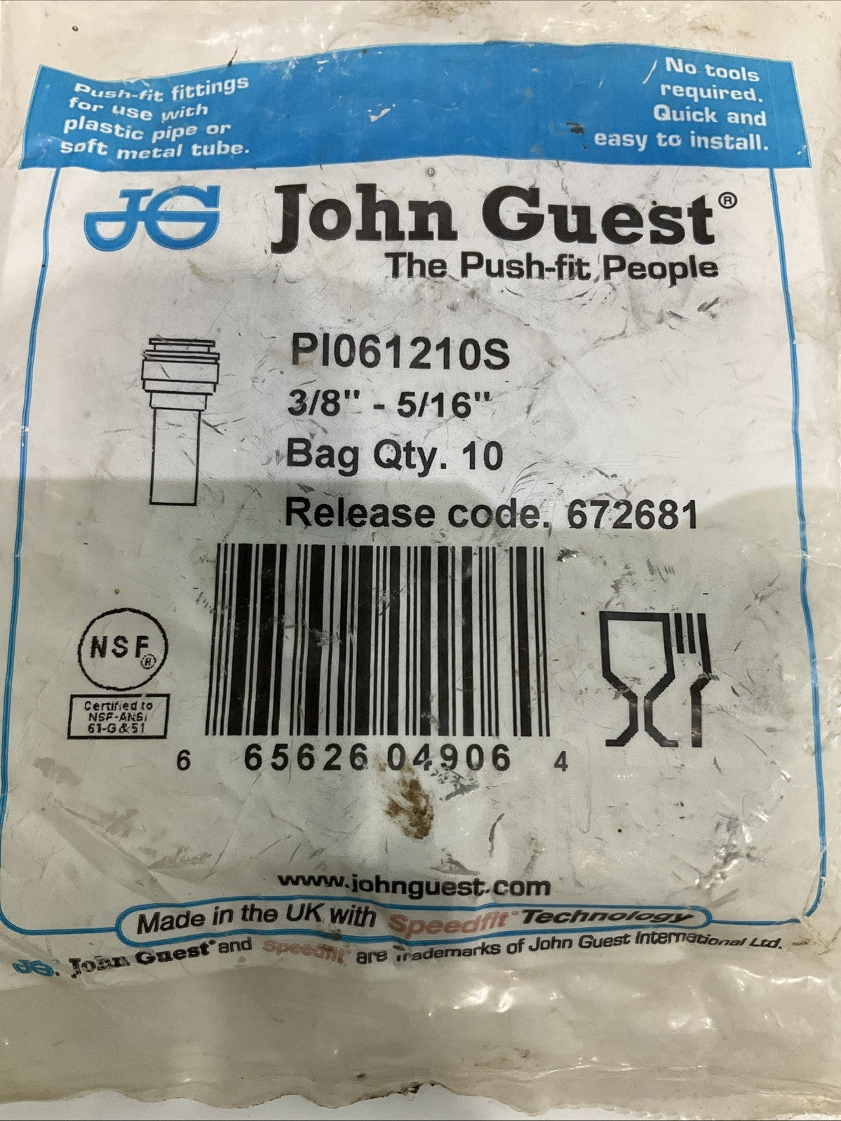 JOHN GUEST PI061210S 3/8- 5/16  GRAY STEM  REDUCER  TUBE  FITTING  Y2M