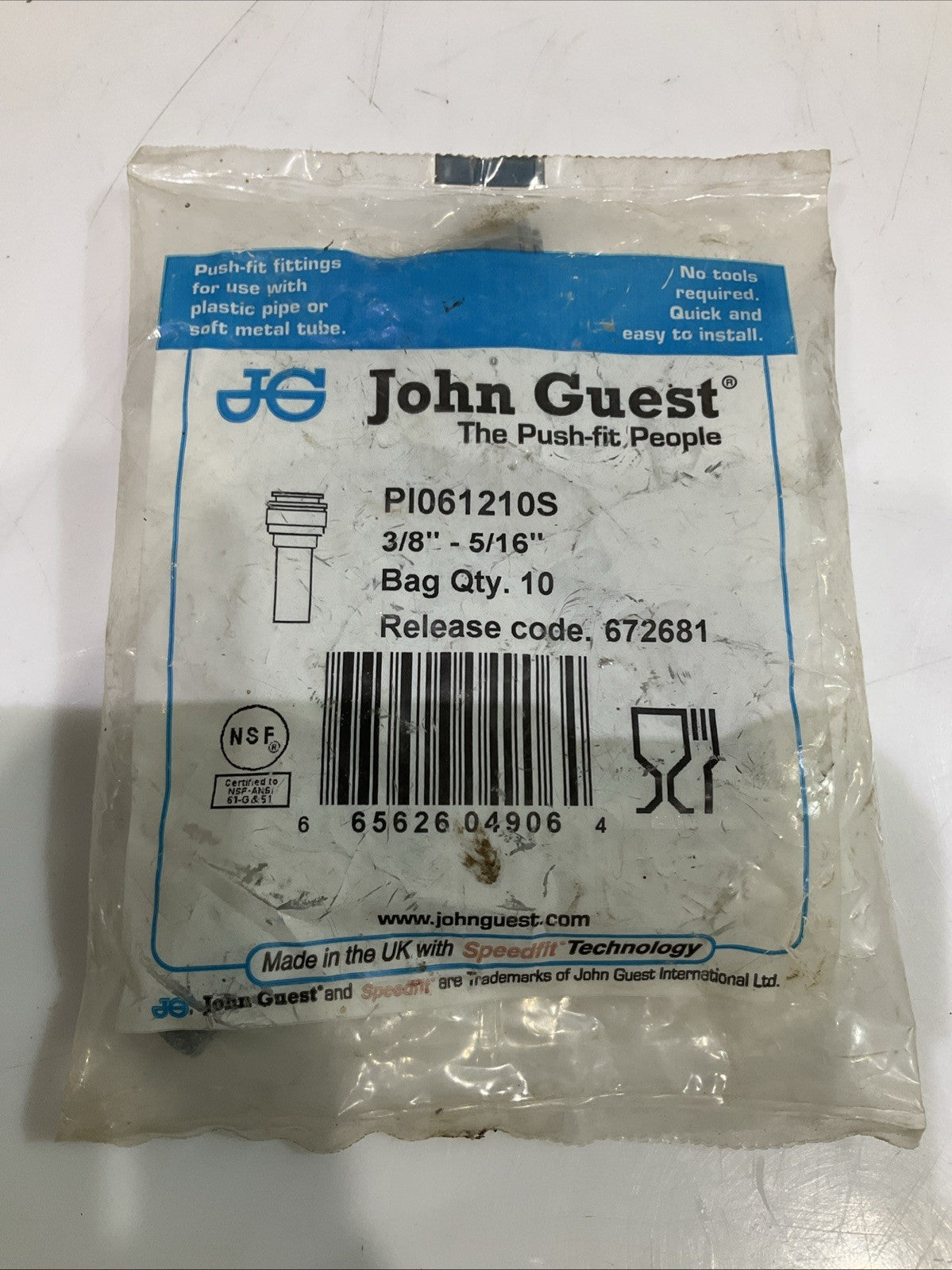 JOHN GUEST PI061210S 3/8- 5/16  GRAY STEM  REDUCER  TUBE  FITTING  Y2M