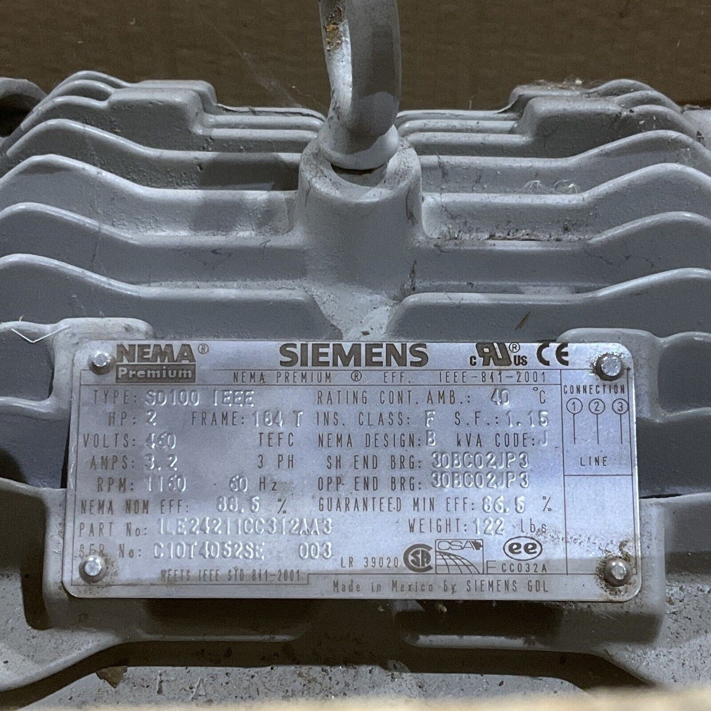 SIEMENS 1LE24211CC312AA3 MOTOR TYPE SD100 IEEE 60 HZ 480V 3 PH 1200 RPM 678