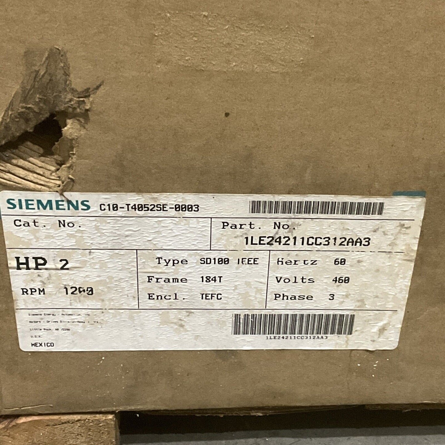 SIEMENS 1LE24211CC312AA3 MOTOR TYPE SD100 IEEE 60 HZ 480V 3 PH 1200 RPM 678