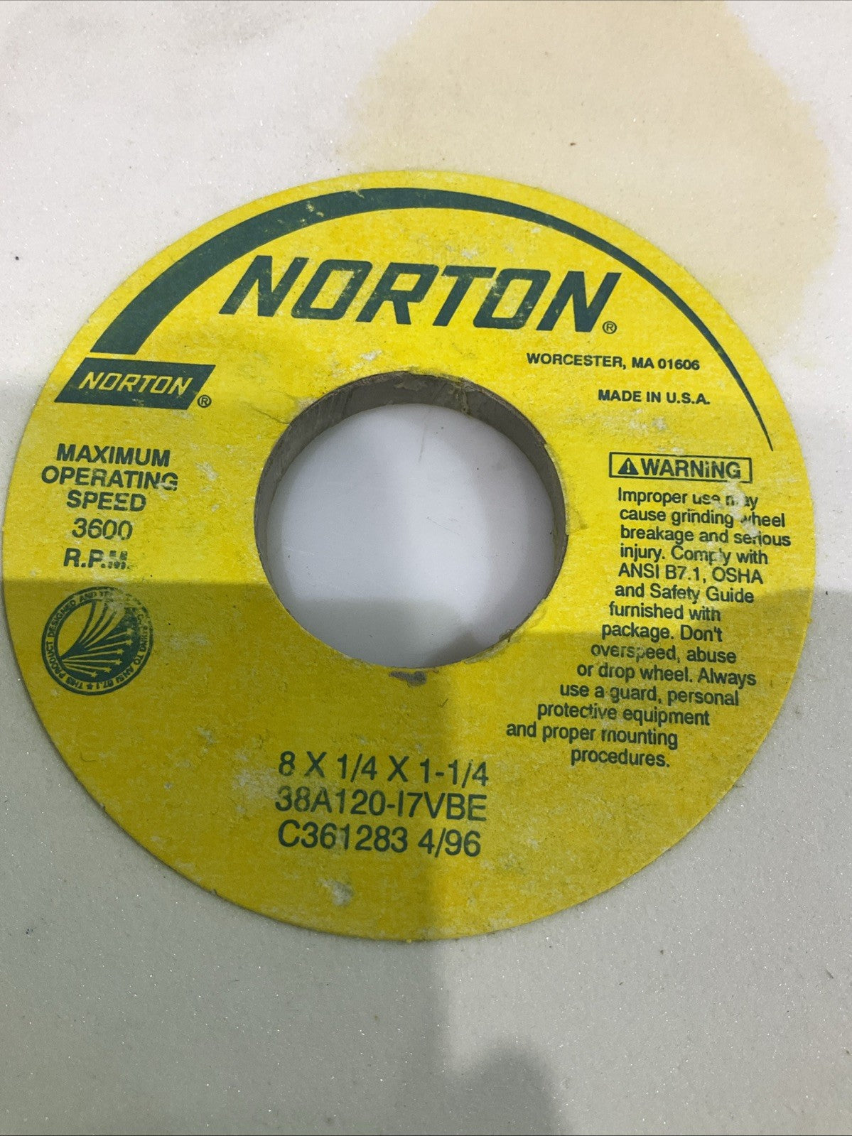 NORTON  38A120-17VBE  8X1/4X1-1/4 GRINDING  WHEEL  3600RPM Y2M