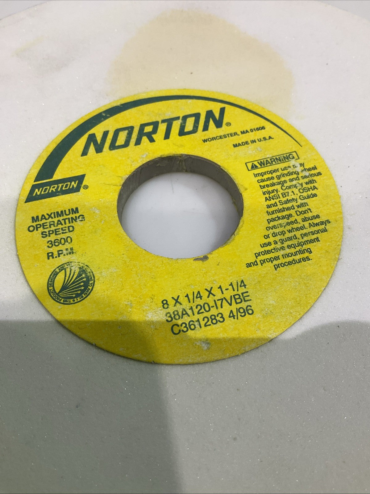 NORTON  38A120-17VBE  8X1/4X1-1/4 GRINDING  WHEEL  3600RPM Y2M