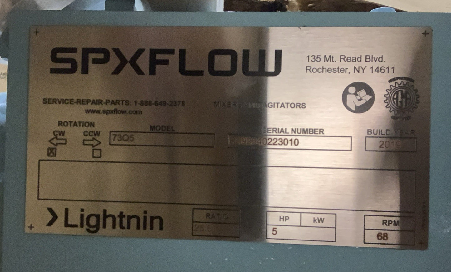 SPX FLOW LIGHTNIN 73Q5 MIXER GEARBOX 2019 CW 5HP 68RPM 25.6 RATIO
