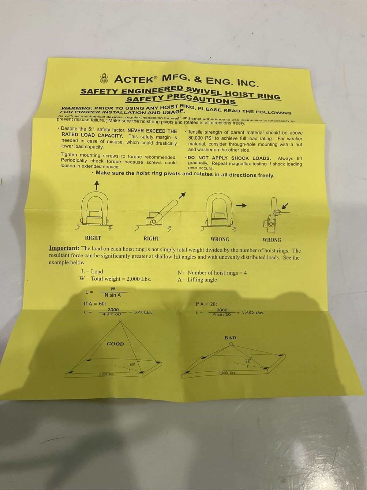 ACTEK   AK46010 SAFETY LIFTING ENGINEER  SWIVEL  HOIST RING 2500LBS  Y2M