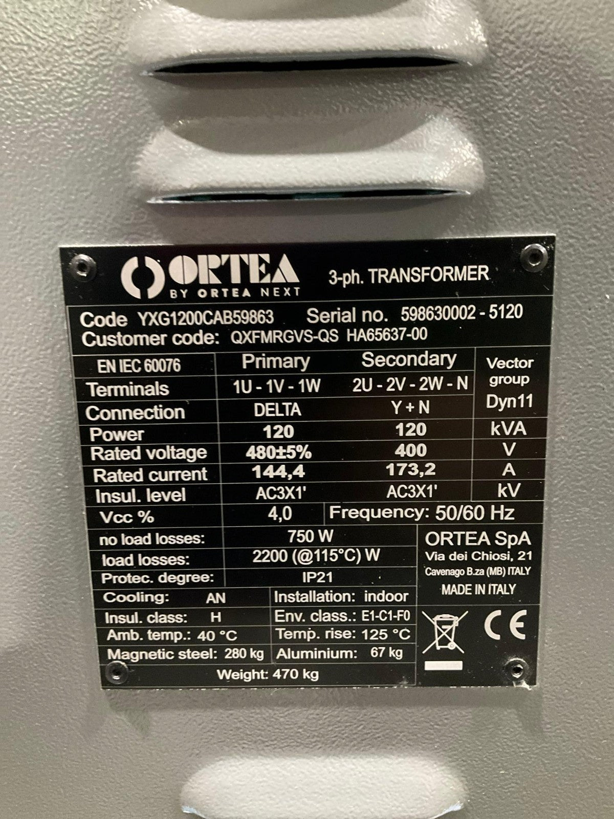 ORTEA TRANSFORMER YXG1200CAB59863; 3 PH, 400 V, 173,2 A