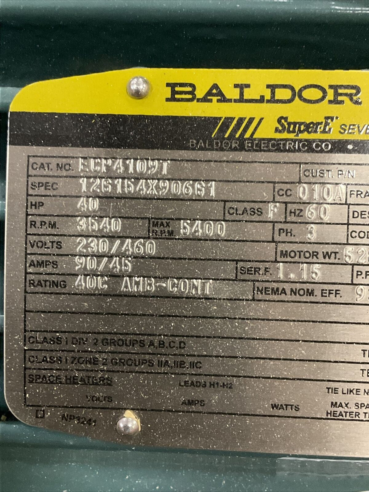 BALDOR RELIANCE ECP4109T MOTOR 40HP 3540RPM 3PH 40HP 230/460V 373