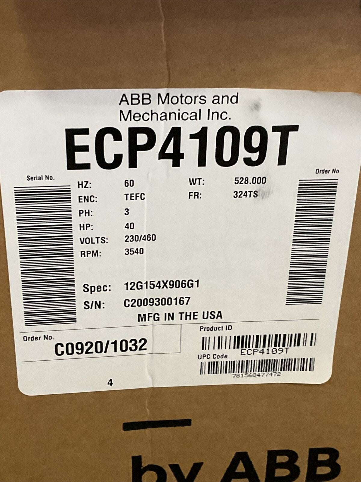 BALDOR RELIANCE ECP4109T MOTOR 40HP 3540RPM 3PH 40HP 230/460V 373