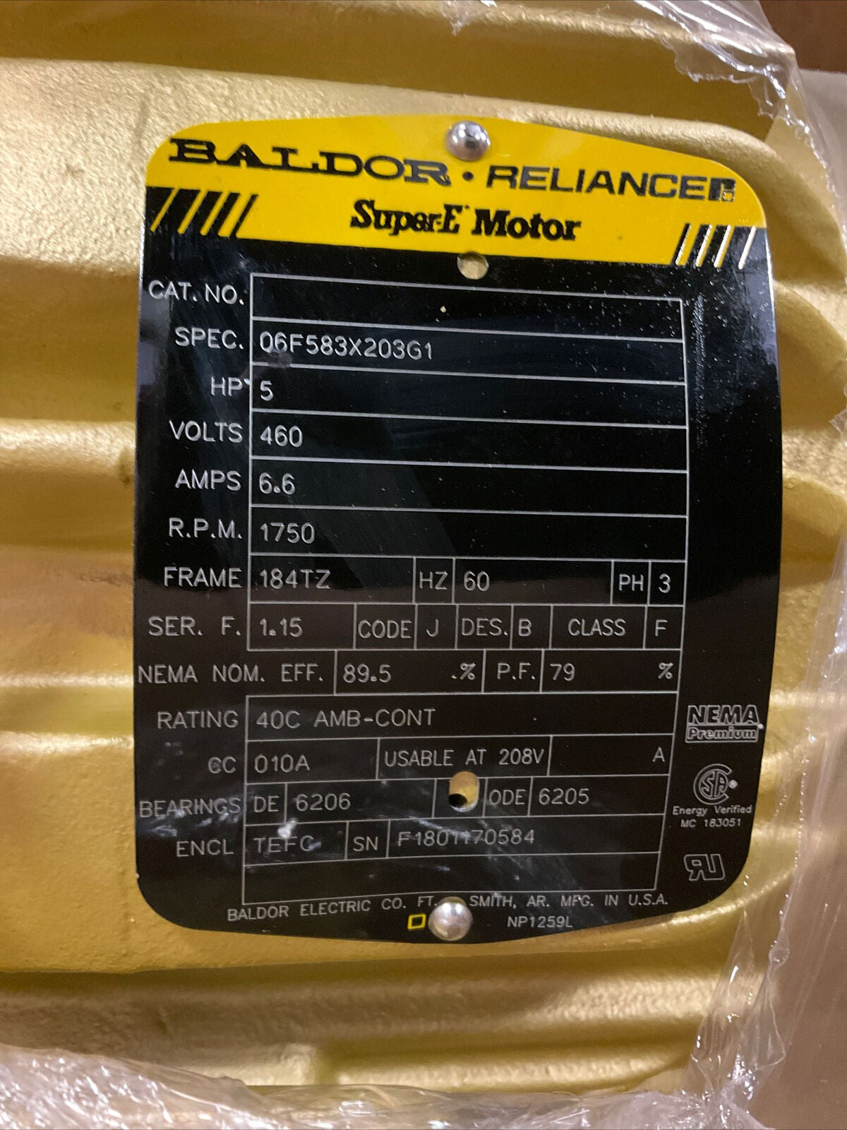BALDOR RELIANCE 06F583X203G1 MOTOR 60HZ 3PH 5HP 460V 1750RPM 373