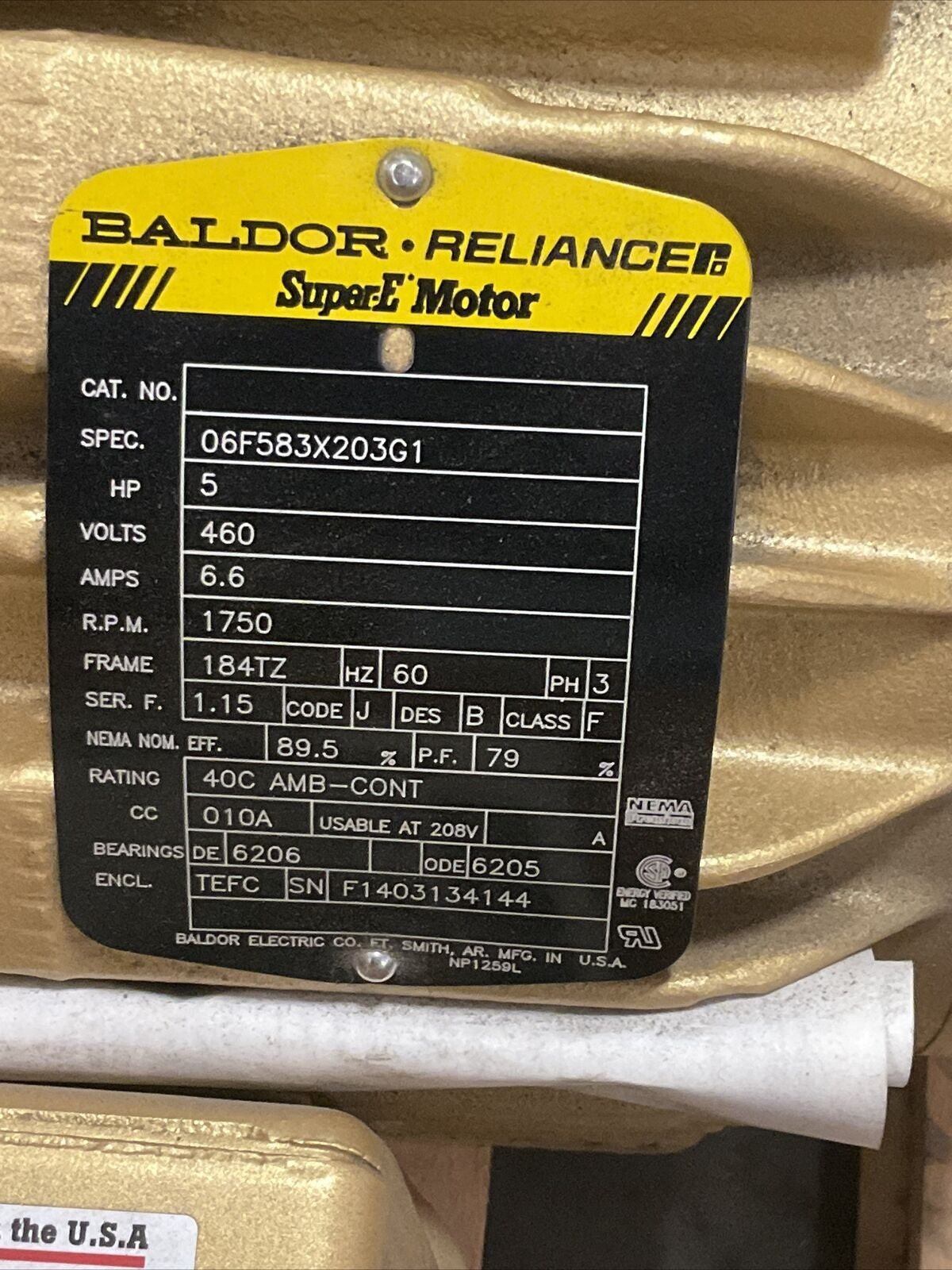 BALDOR RELIANCE 06F583X203G1 SUPER E 5HP 460V 6.6A 1750RPM 373