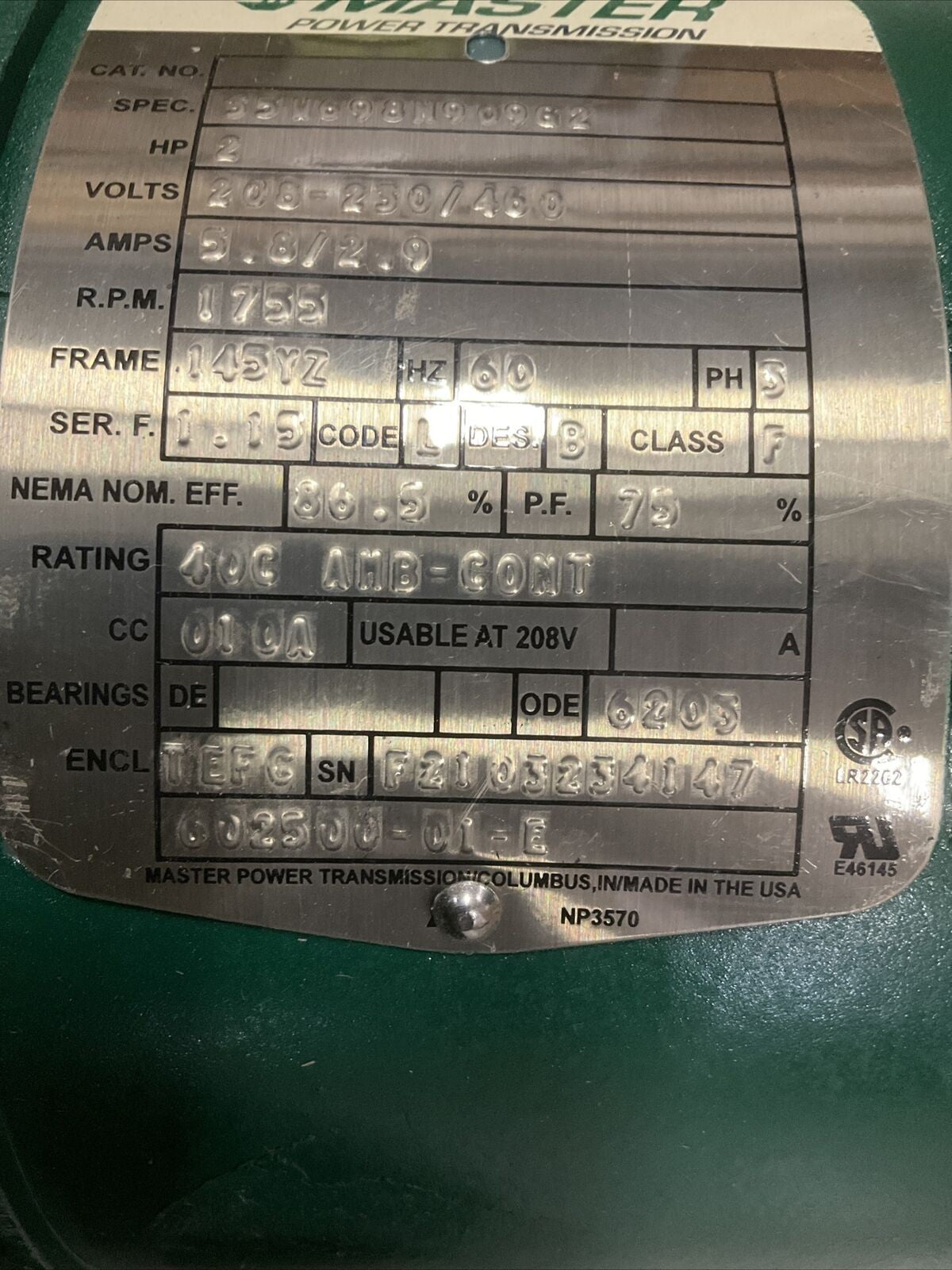 MASTER 6X91584 8021694001UA POWER TRANSMISSION 2HP 230/460V 1755RPM 373