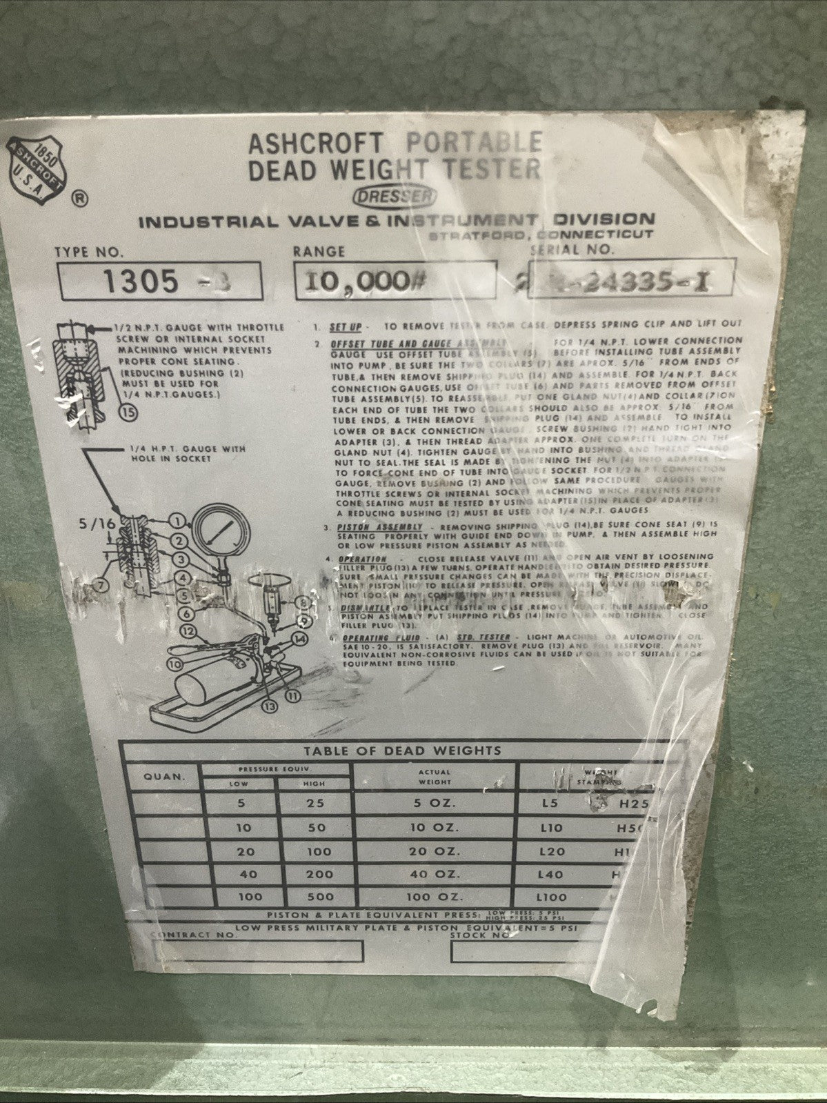 COMCO  1305  L-5P.S.I   ASHCROFT  PORTABLE  DEAD  WEIGHT TESTER Y2M