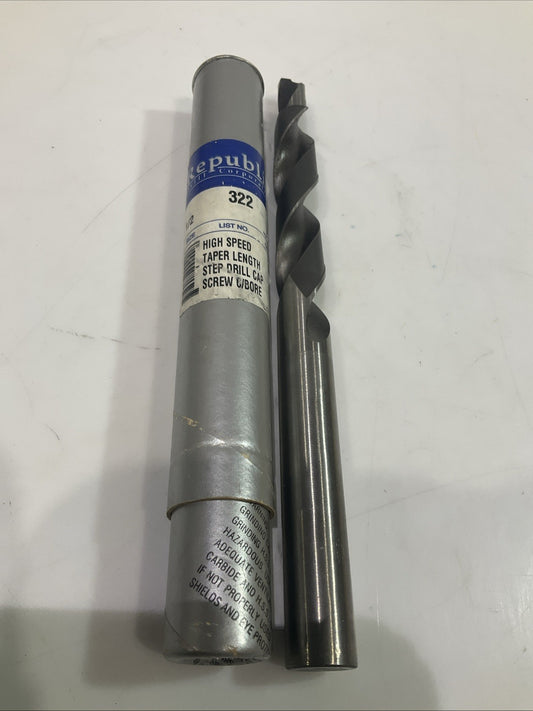 REPUBLIC    1/2 322  HIGH  SPEED TAPER LENGTH DRILL  CAP SCREW BORE  Y2M