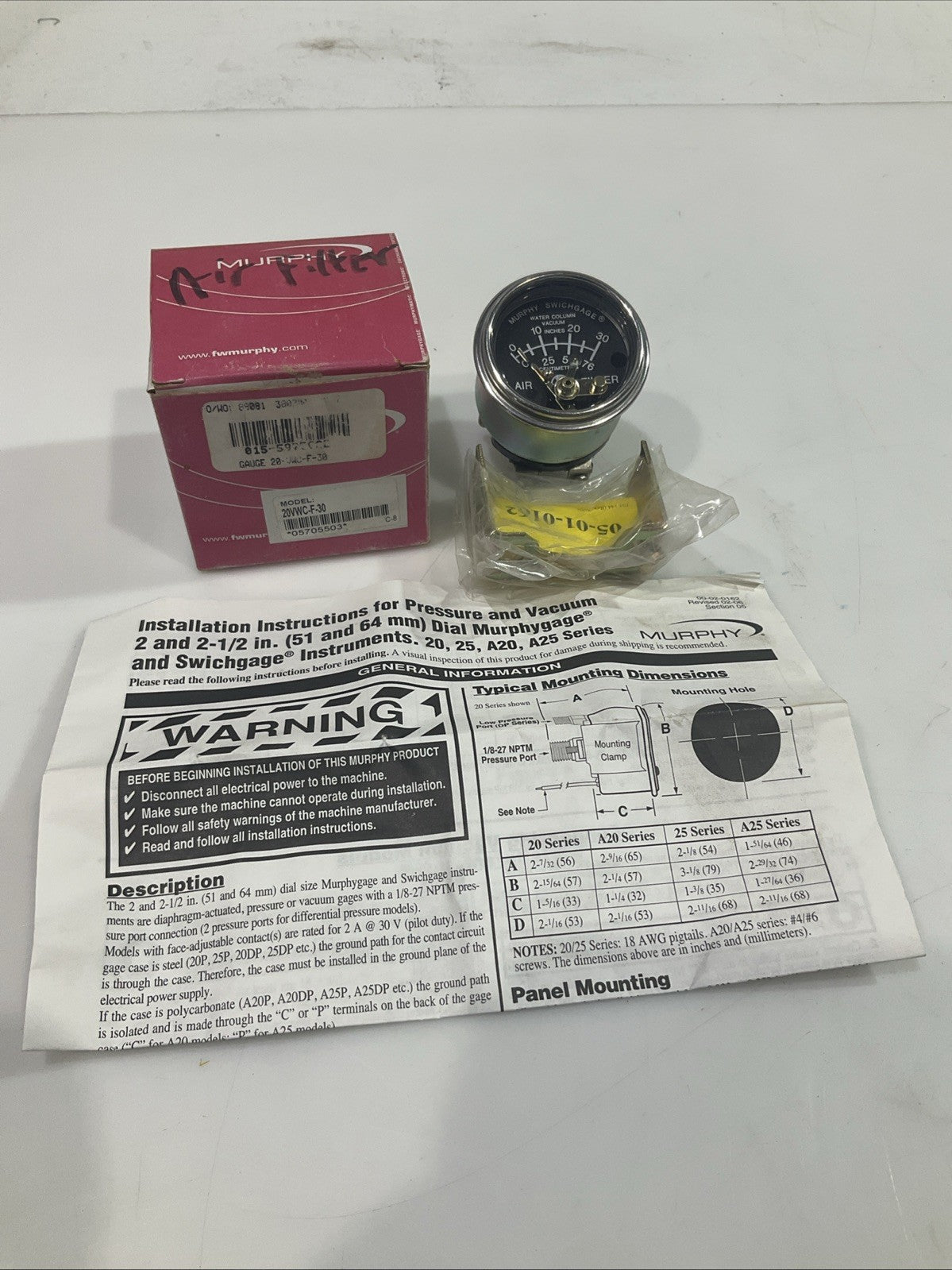 MURPHY   20VWC-F-30   VACUUM  SWICHGAGE GAUGE 20V  Y2M