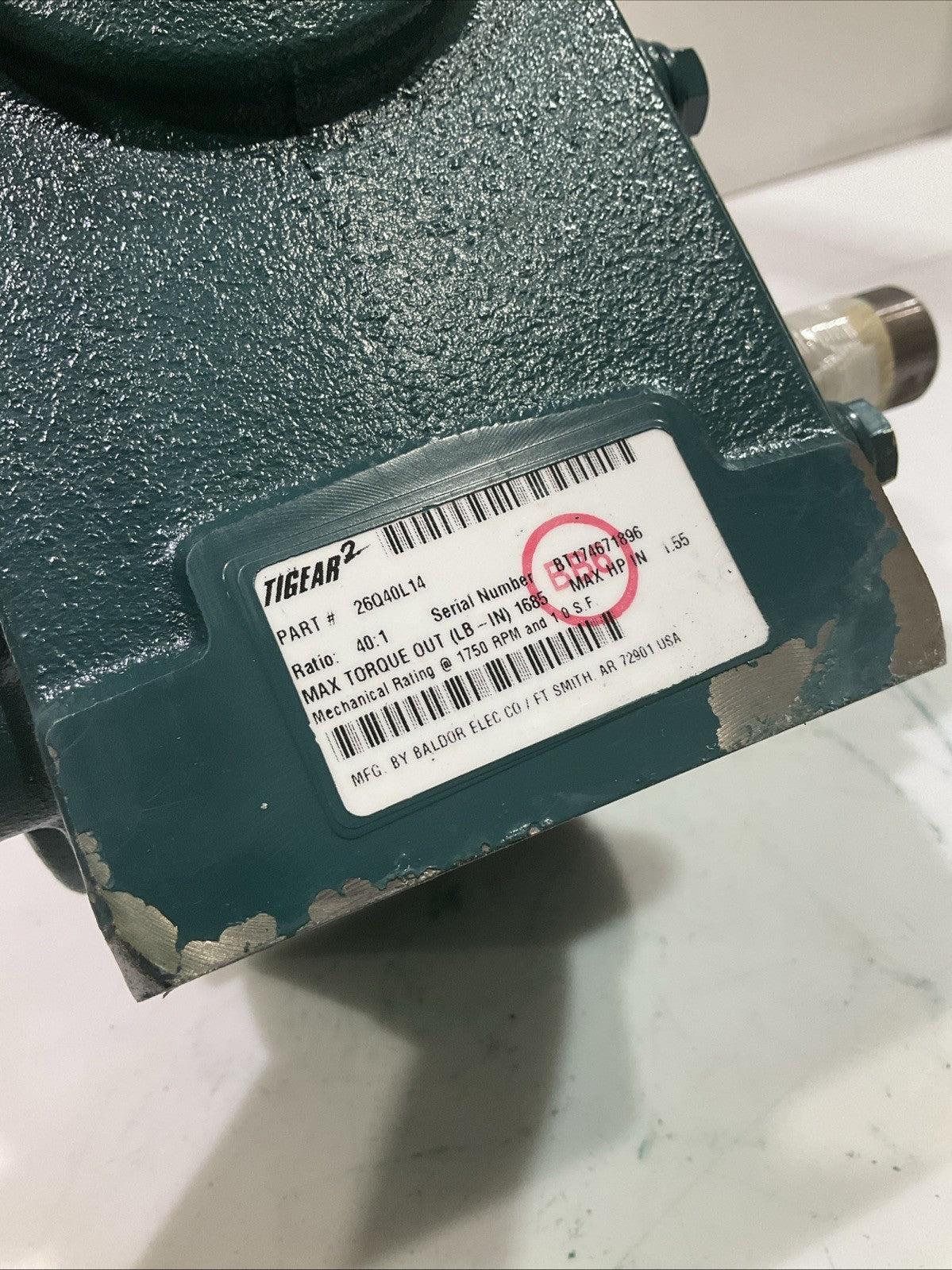 DODGE-BALDOR 26Q40L14 RIGHT ANGLE GEAR SPEED REDUCER QUILL INPUT SERIAL BT174671