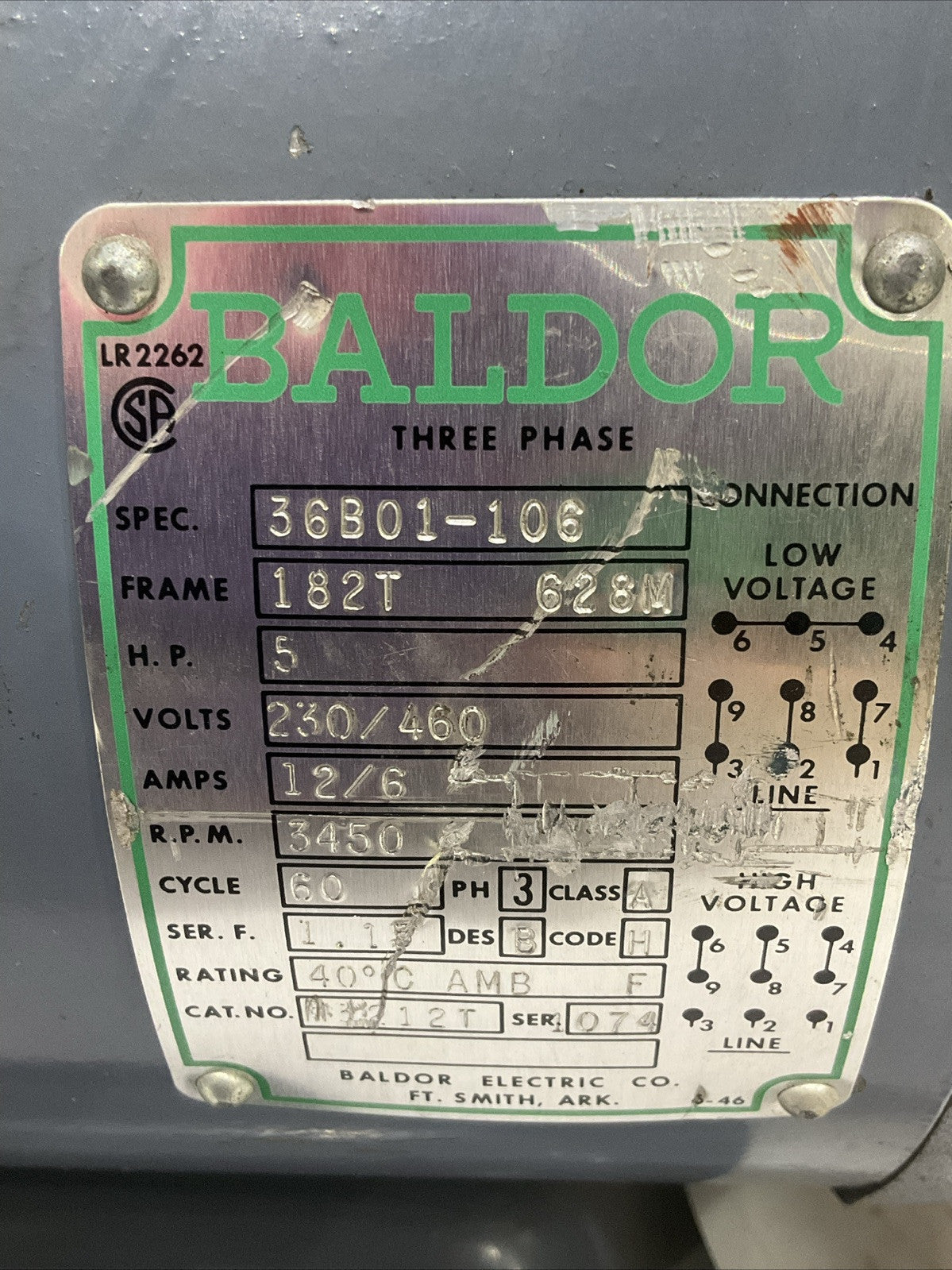 BALDOR 36B01-106 3212T INDUSTRIAL MOTOR 5 HP 230/460 V 3450 RPM 3 PH 12/6 AMP