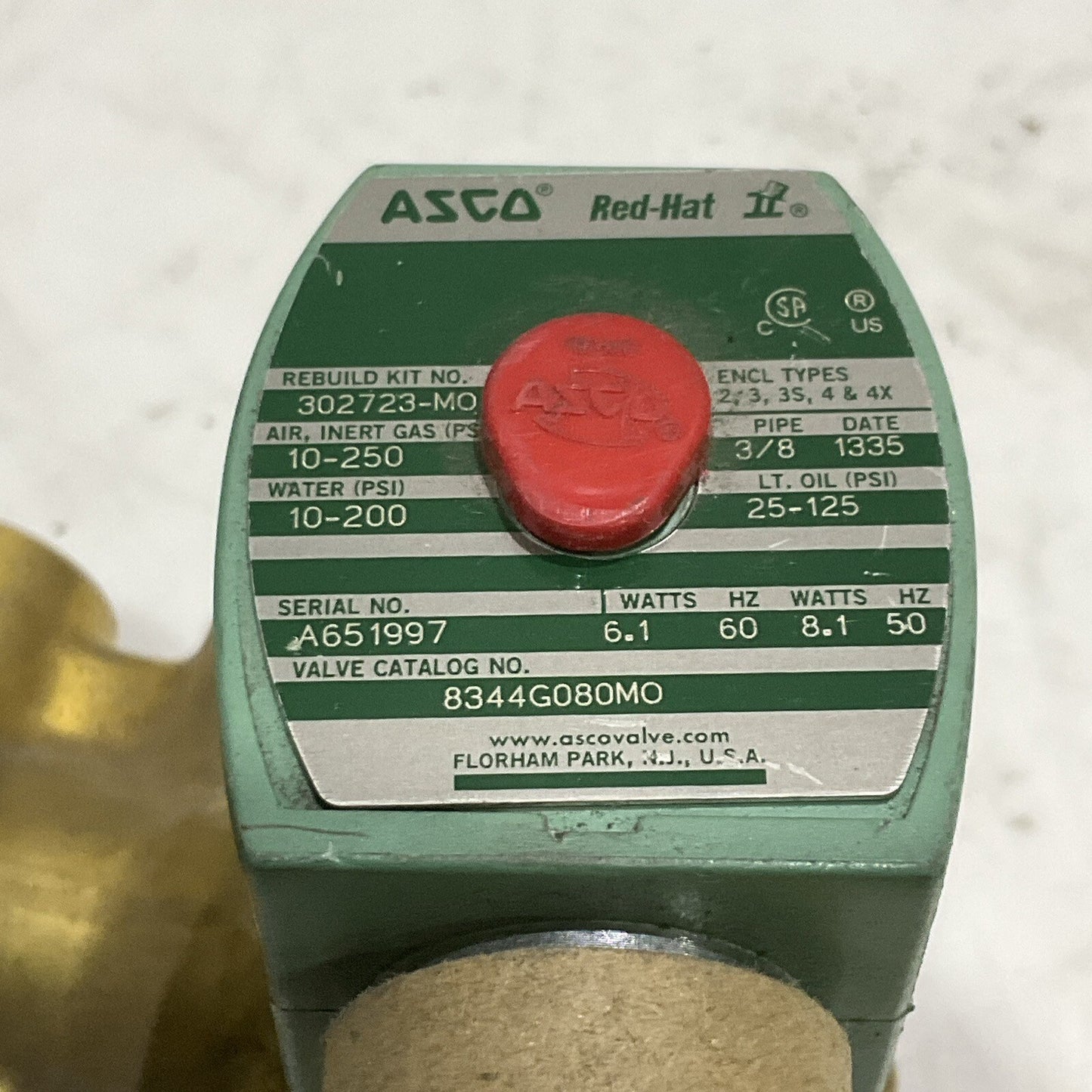 ASCO A651997 8344G080M0 302723MO SOLENOID VALVE 3/8IN 60/50HZ 6.1/8W 250 PSI 373