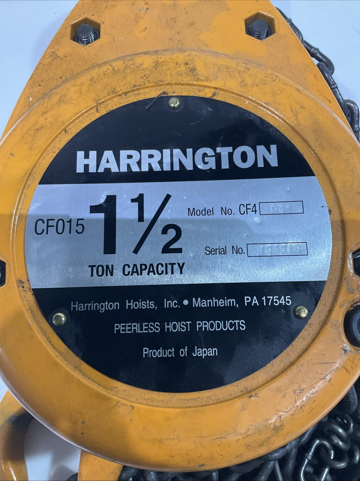 HARRINGTON CF4 CF015  HAND  CHAIN  HOIST  1- 1/2 TON CAPACITY SERIAL#/101090 Y2M