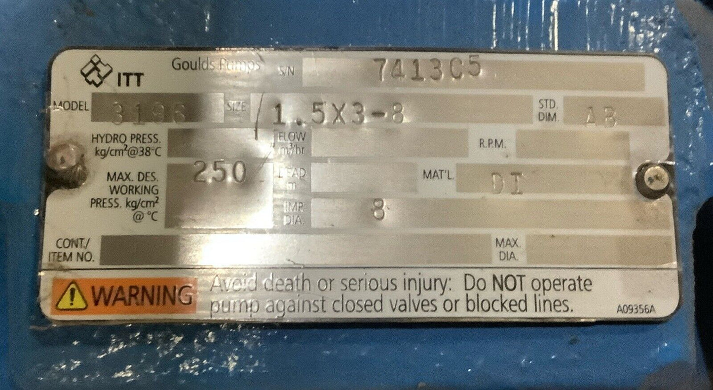 GOULD PUMPS 3196 CENTRIFUGAL PUMP 1.5X3-8 SIZE 250PSIG