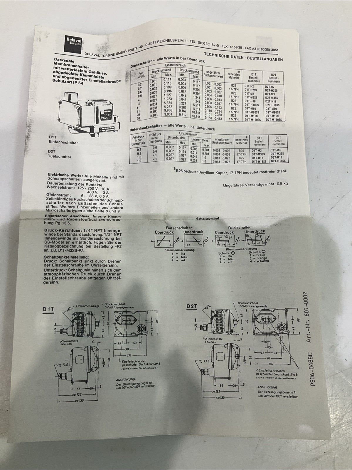 DELAVAL   D1T-M80  TERMINAL BLOCK  DIAPHRAGM SWITCH  T2M