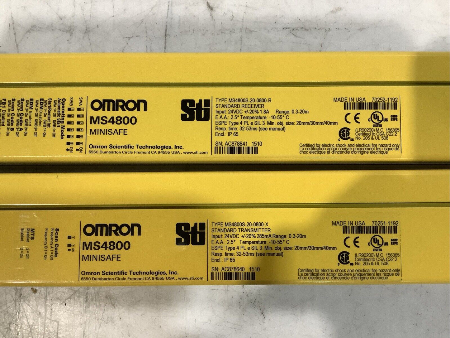 OMRON MS4800S-20-0800-30X-30R MINISAFE LIGHT CURTAIN TANSMITTER AND RECEIVER