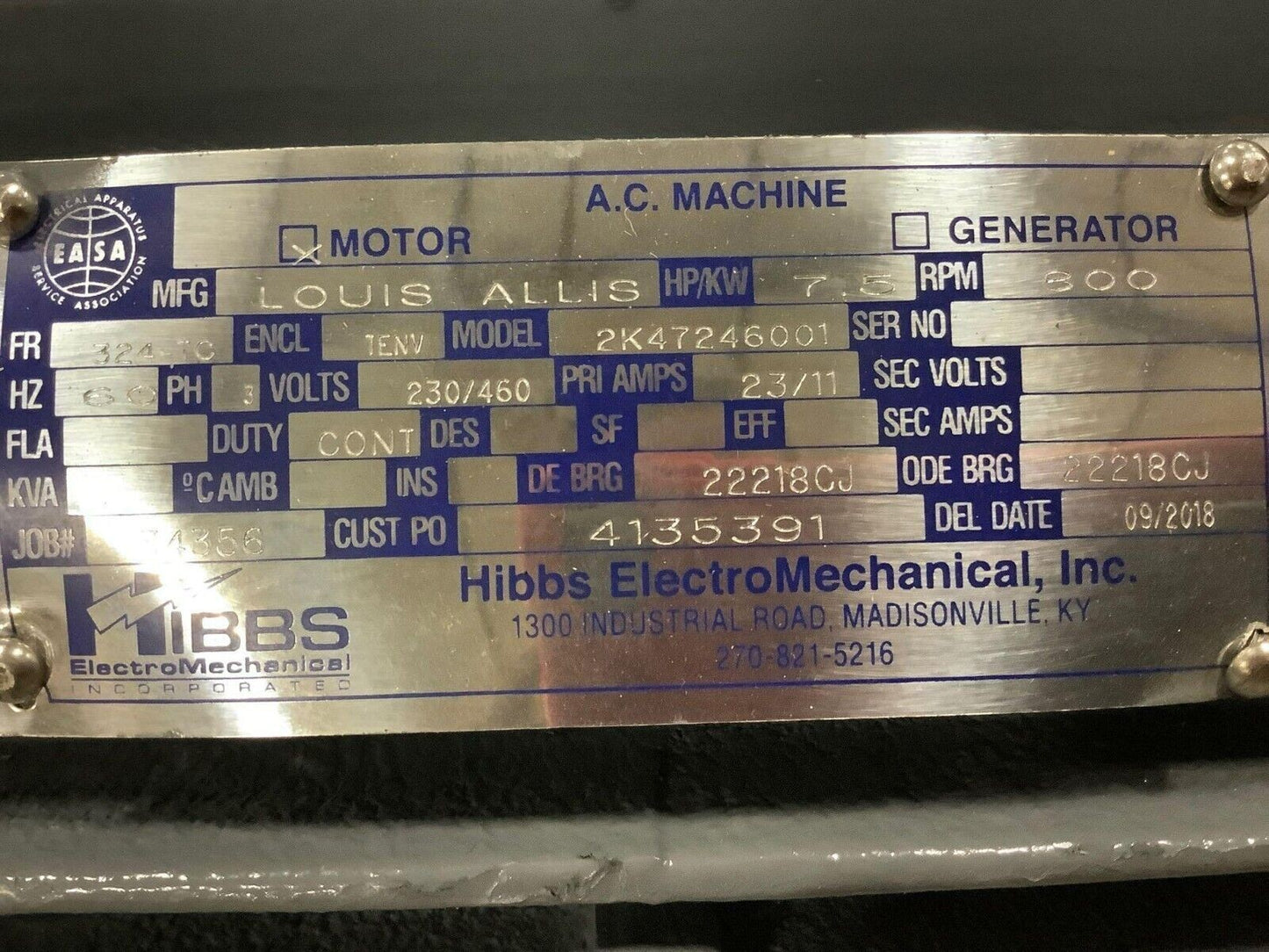 UNUSED LOUIS ALLIS MOTOR MODEL 2K47246001 7.5 HP 230/460 VOLTS 800 RPM 60HZ