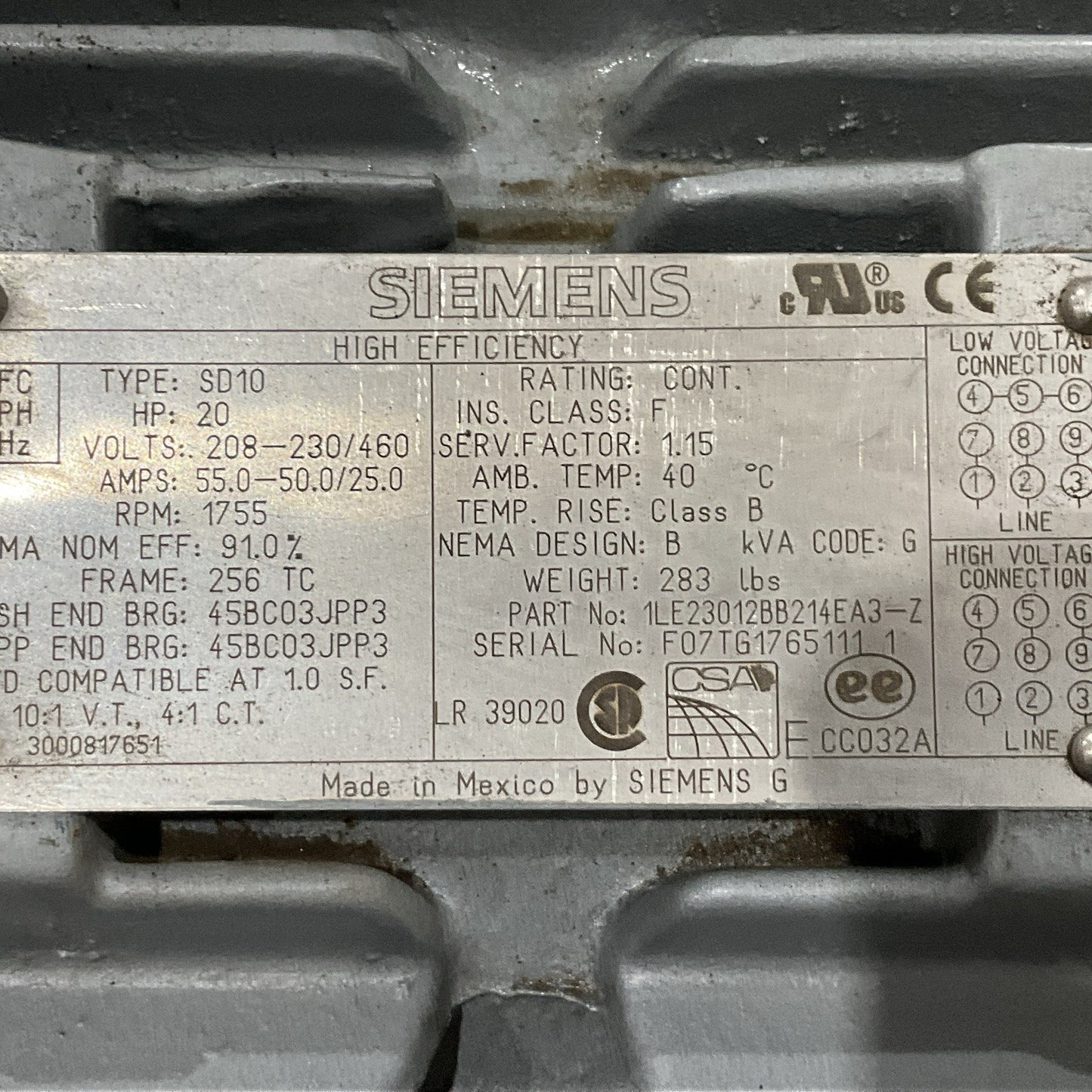 SIEMENS HIGH EFFICIENCY MOTOR TYPE SD10 3PH 20HP 1755 RPM T2M