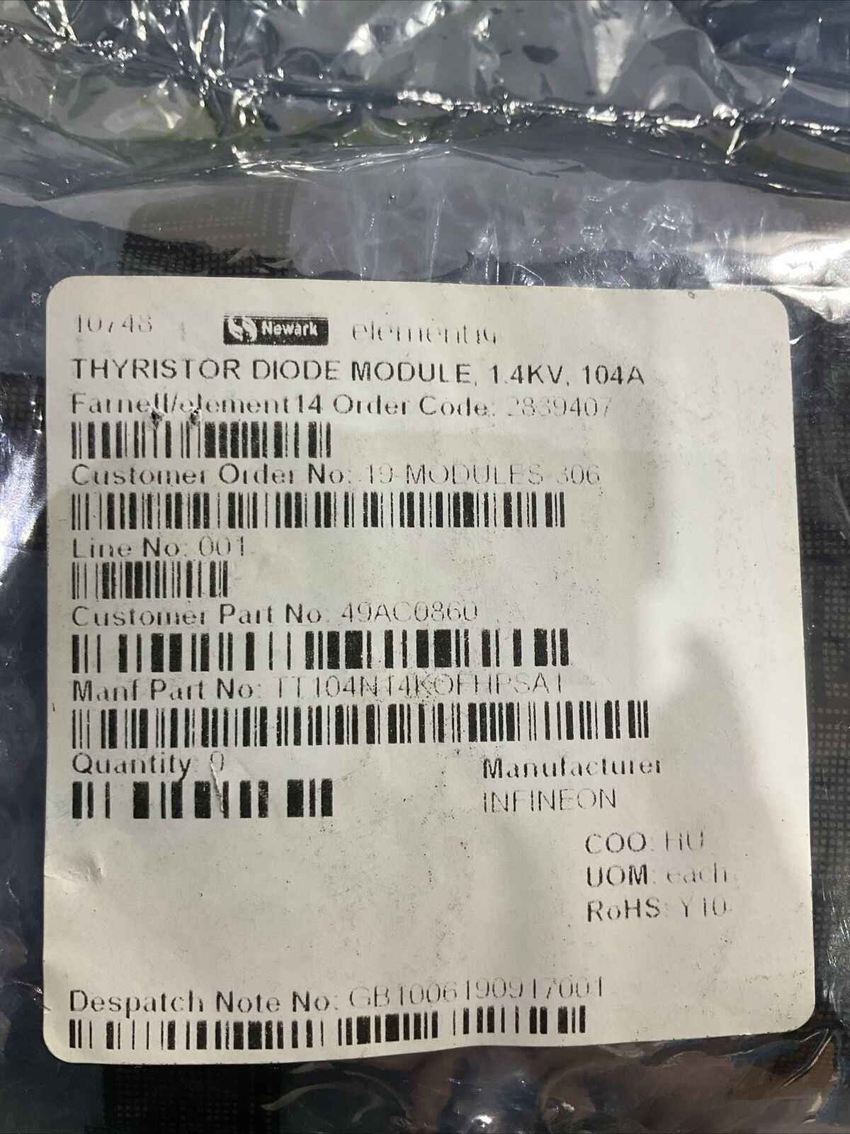 INFINEON NEWARK 49AC0860 THYRISTOR DIODE MODULE LOT OF 9 U3S