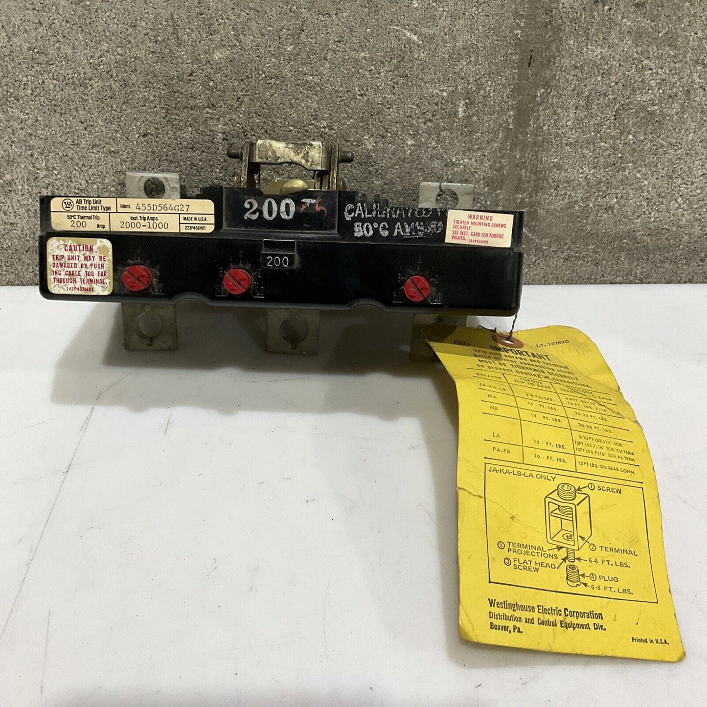 WESTINGHOUSE 455D564G27 AB TRIP UNIT 200 AMP 2000-1000 TRIP AMPS 373