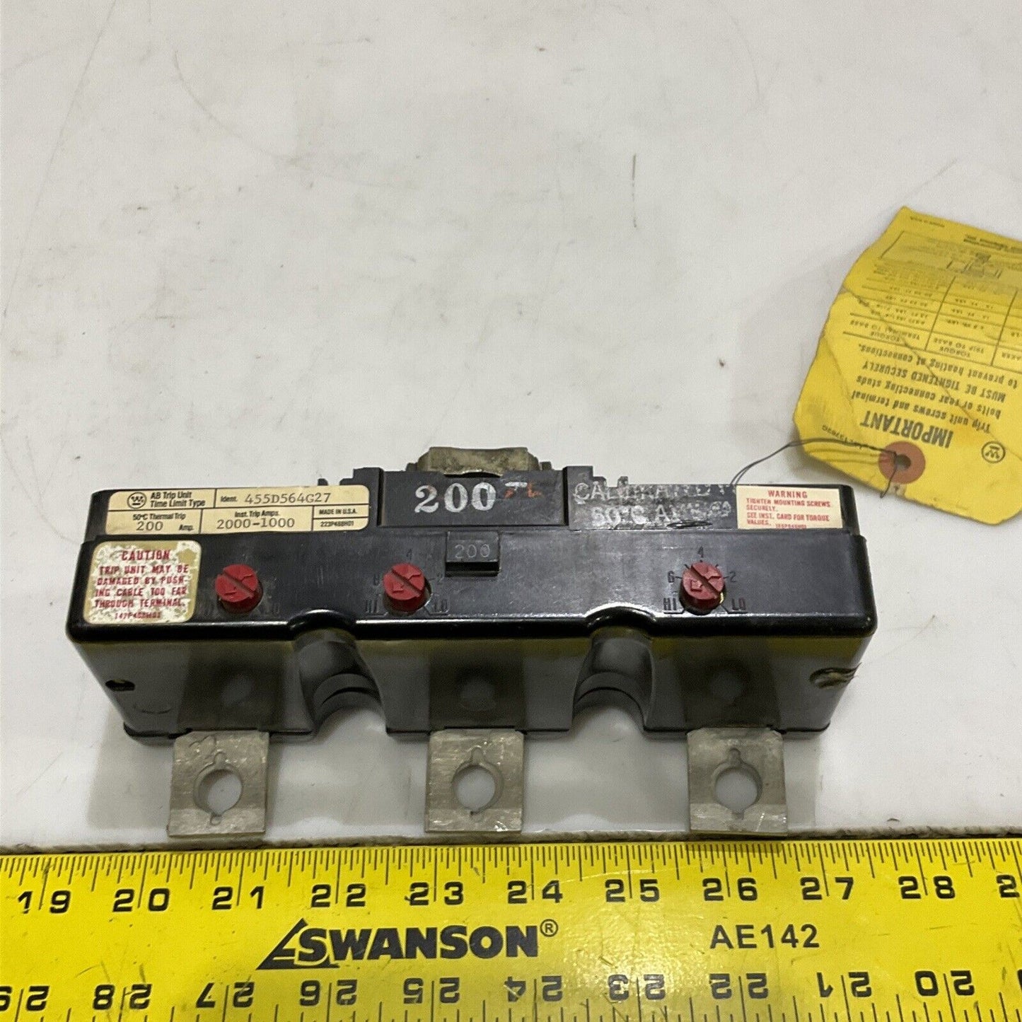 WESTINGHOUSE 455D564G27 AB TRIP UNIT 200 AMP 2000-1000 TRIP AMPS 373