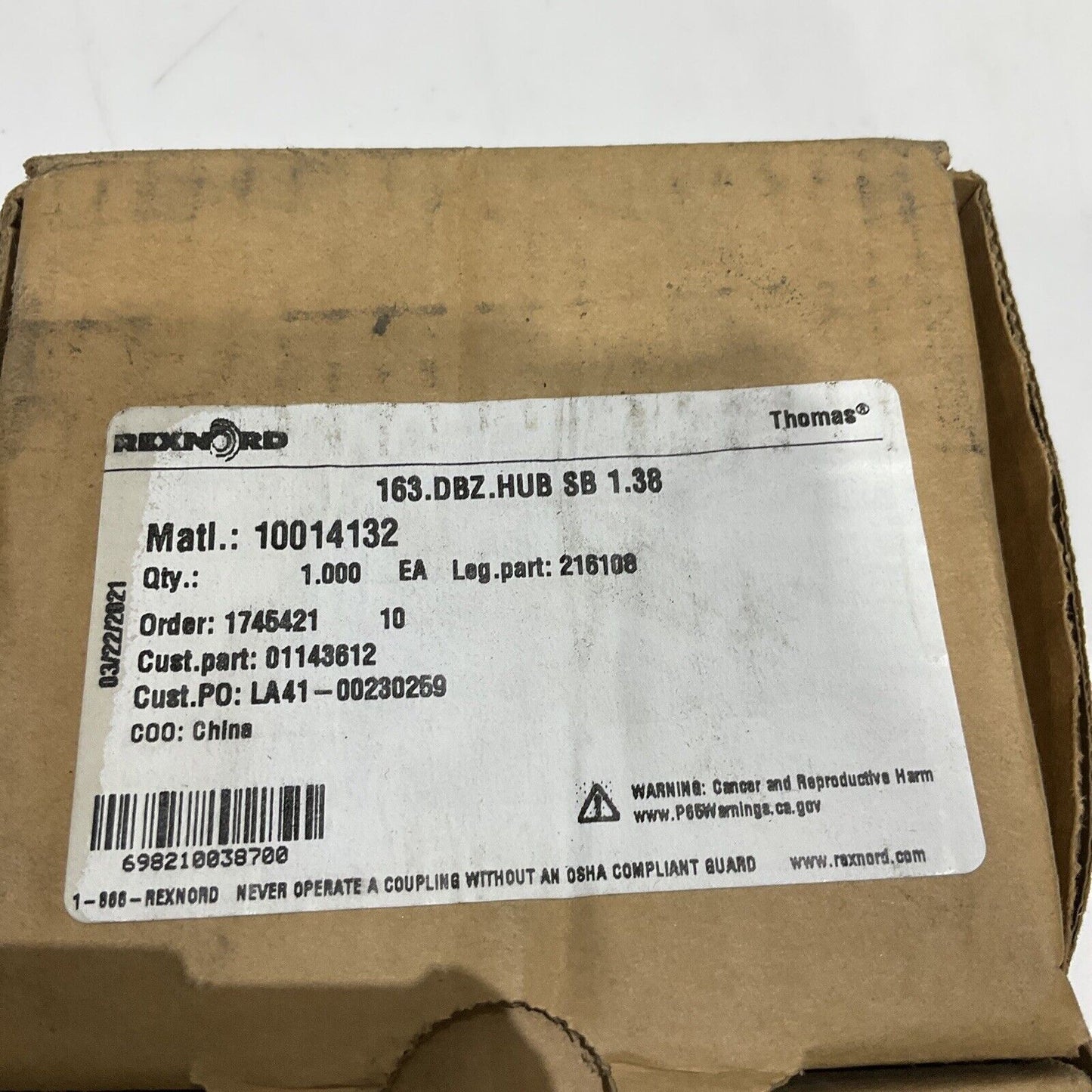 REXNORD THOMAS 216108 163.DBZ.HUB SB 1.38 COUPLING HUB 678