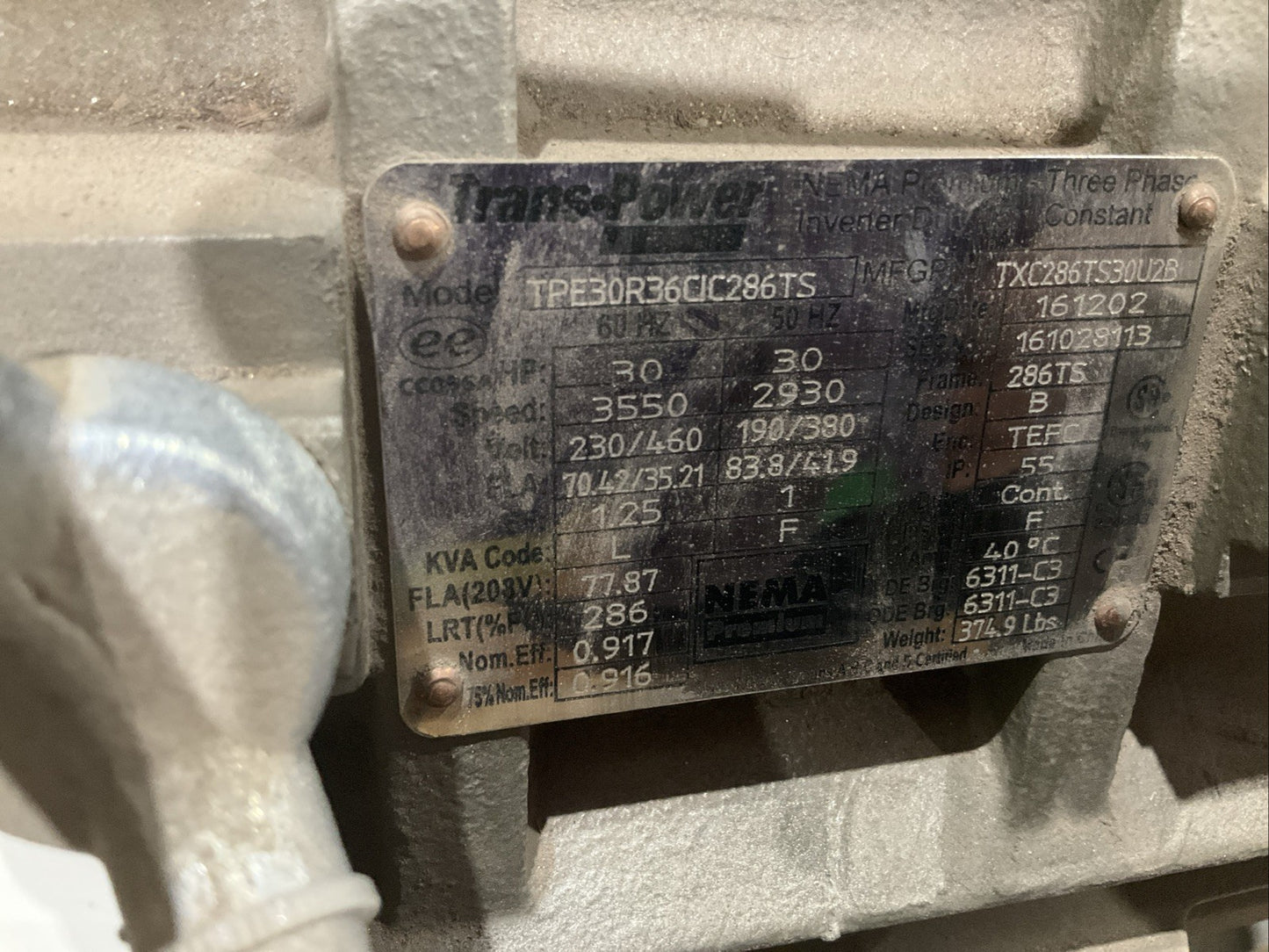 TRANS POWER TPE30R36CIC286TS MOTOR 3PH 460V 30HP 60HZ 3550 RPM T2M