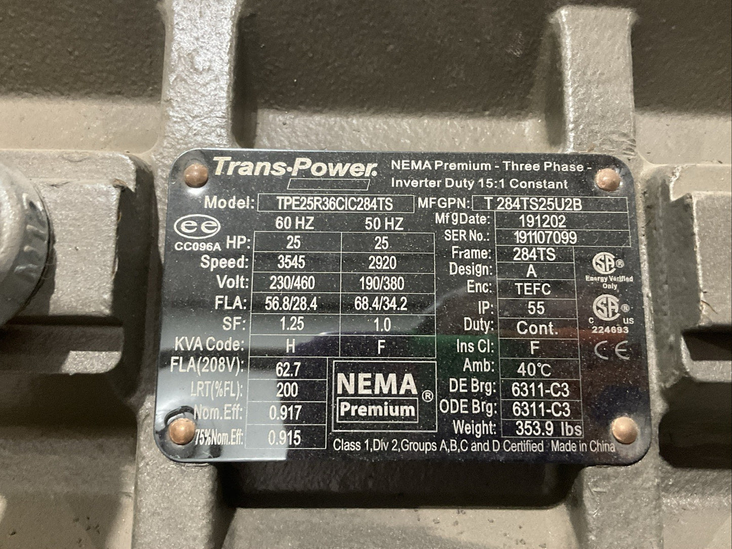 TRANS POWER TPE25R36CIC284TS MOTOR 3PH 25 HP 60 HZ 3545 RPM T2M