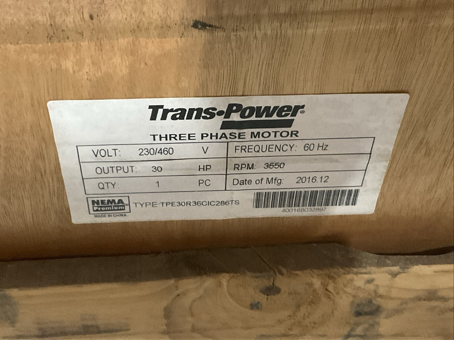 TRANS POWER TPE30R36CIC286TS MOTOR 3PH 460V 30HP 60HZ 3550 RPM T2M