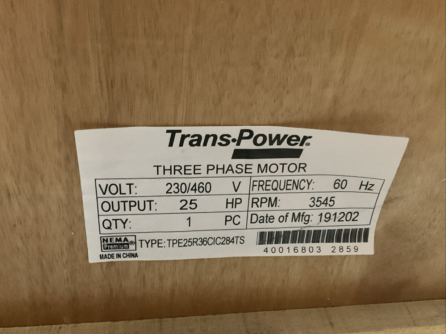 TRANS POWER TPE25R36CIC284TS MOTOR 3PH 25 HP 60 HZ 3545 RPM T2M