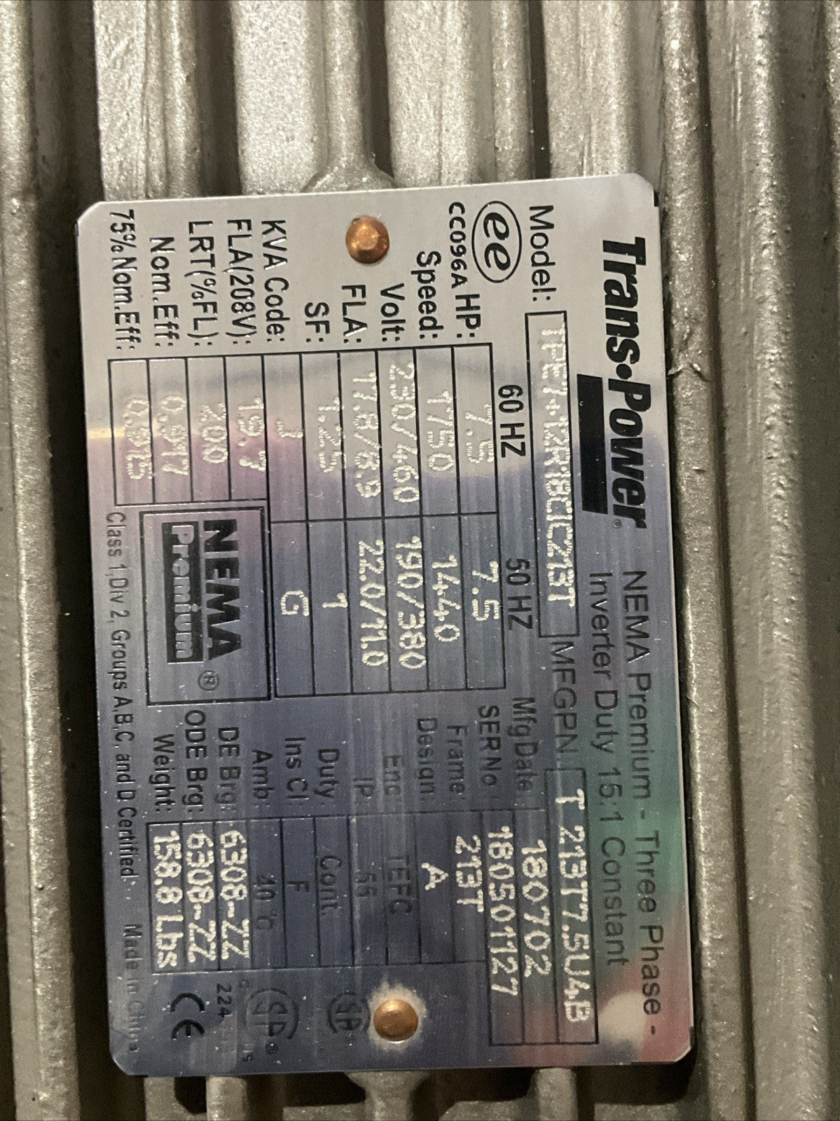 TRANS POWER TPE7+12R18CIC213 T 3 PHASE MOTOR 1750 RPM 7.5 HZ 230/460V T2M