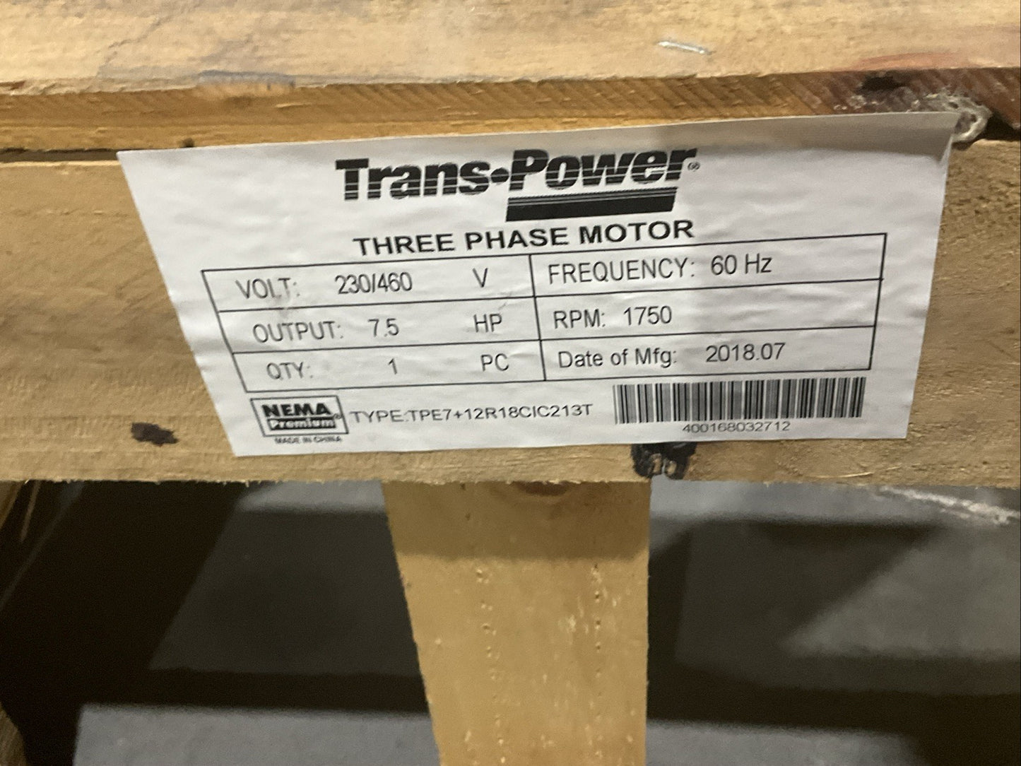 TRANS POWER TPE7+12R18CIC213 T 3 PHASE MOTOR 1750 RPM 7.5 HZ 230/460V T2M